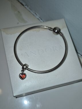 Pandora Silver Bangle with Red Heart Dangle Charm